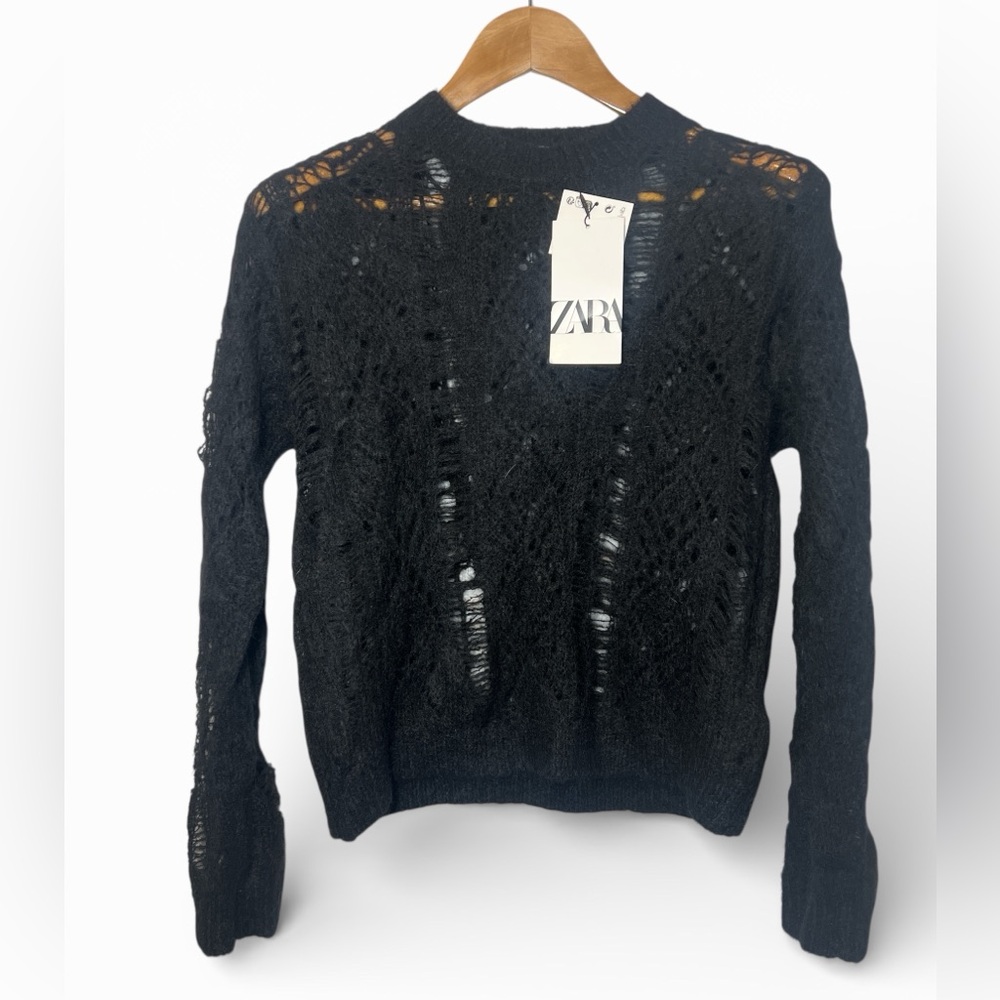 Zara Black Lace Open Knit Alpaca Blend Sweater Sheer Boho Lagenlook Layer - Picture 1 of 5